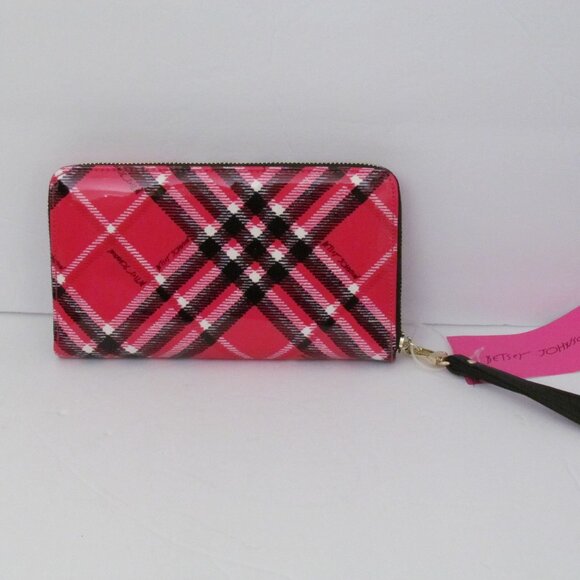 Betsey Johnson Pink/Black/White Patent Leather Plaid Wristlet/Wallet NWT - Picture 4 of 5